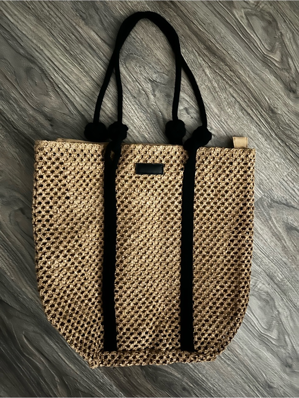 Woven Straw Tote Bag with Black Handles